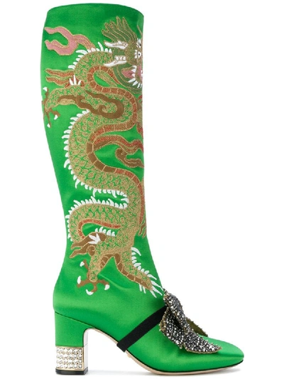 Gucci Ladies Green Candy Dragon Embroidered Satin Knee-high Boots