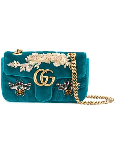 Gucci Mini Gg Marmont Matelasse Velvet Shoulder Bag - Blue In Pivone