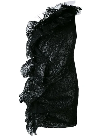 Msgm One-shoulder Ruffled Lace Mini Dress In Black