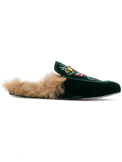 Gucci Princetown Velvet Embroidered Slipper In Green