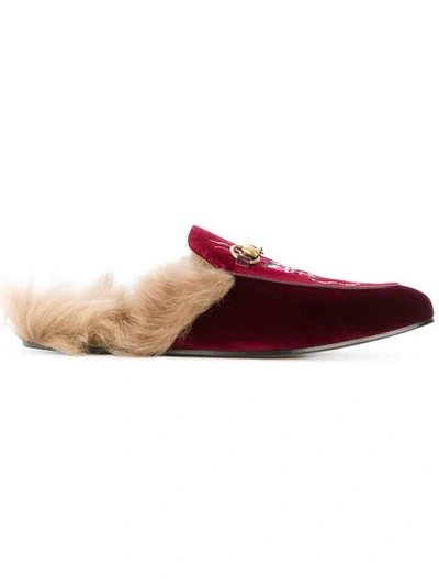 Gucci Princetown Velvet Embroidered Slippers In Red