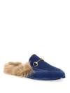 Gucci Men's Princetown Velvet And Lamb Fur Slippers In Blue