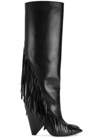 Saint Laurent Niki 105 Fringed Knee High Boots In Black