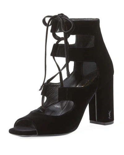 Saint Laurent Loulou Velvet Lace-up Sandal In Black