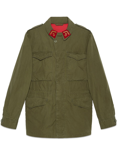 Gucci Resinated Cotton Parka With Vintage Logo Print In Green