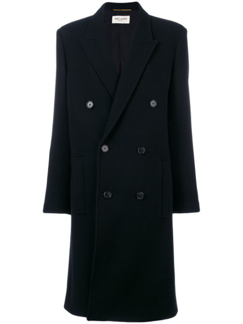 Saint Laurent Double Breasted Wool Coat In Black | ModeSens