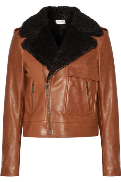 Saint Laurent Motorcycle Jacket In Cognac Leather And Black Shearling In Brown,neutrals