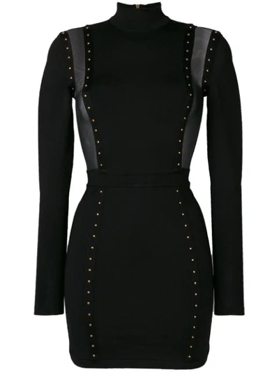 Balmain Mesh-insert Studded Body-con Dress In Black