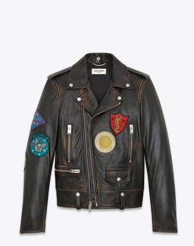 Saint Laurent Biker Jacket With Multicolor Patches In Noir-cognac-multicolor