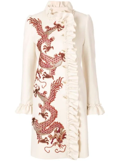Gucci Coat With Embroidered Dragons In Neutrals