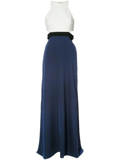 Halston Heritage Sleeveless High-neck Colorblocked Gown W/ Cutouts In Navy/chalk