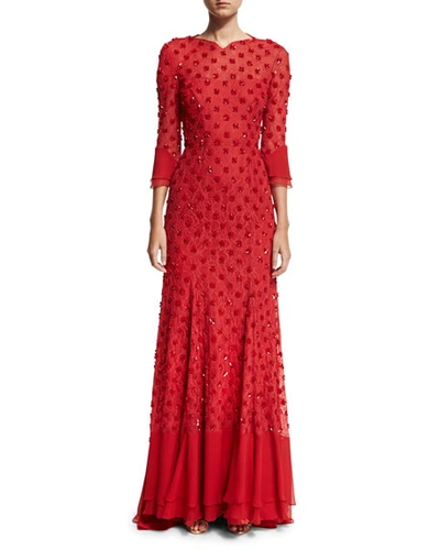 Jenny Packham 3/4-sleeve Beaded Open-back Gown, Red