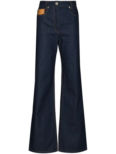 Paco Rabanne Leather-patch High-rise Flared Jeans In Blue
