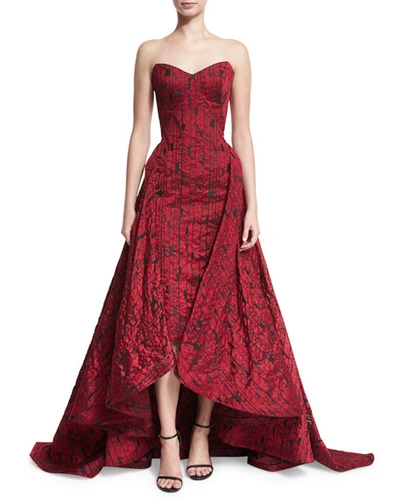 Zac Posen Strapless Jacquard Midi Gown W/overskirt, Red
