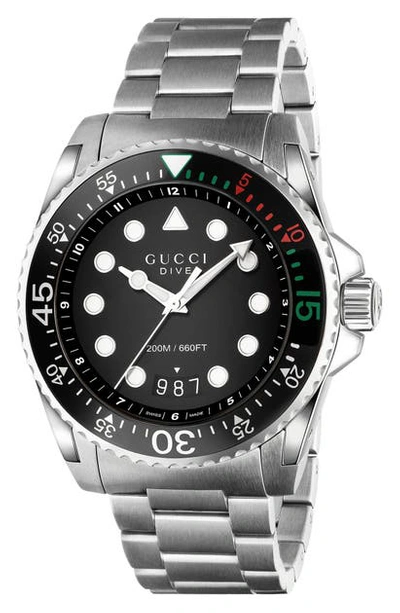 Gucci Dive Stainless Steel Bracelet Watch In Silver Black