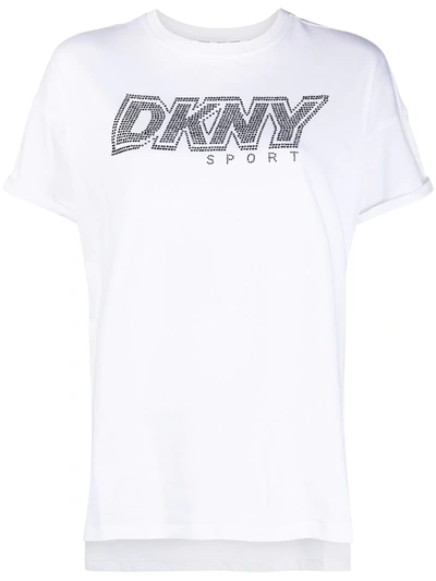 Dkny Crystal Logo Embellished Logo T-shirt In White