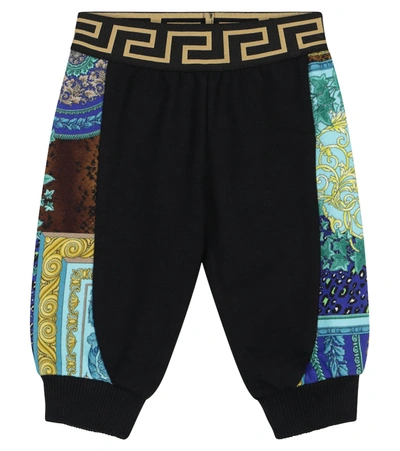 Versace Baby Barocco Patchwork Stretch-cotton Trackpants In Black Blue
