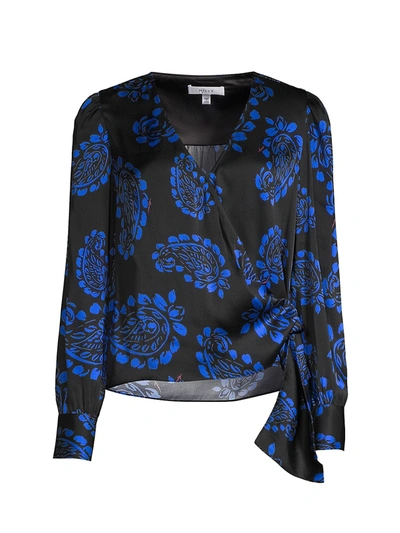 Milly Tossed Paisley Side-tie Blouse In Black/azure