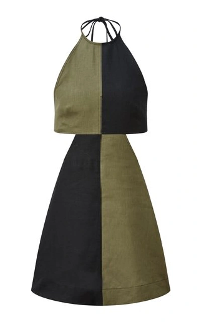 Matthew Bruch Colorblock Tie Halter Mini Dress - Army/black Linen - Size 2 In Green