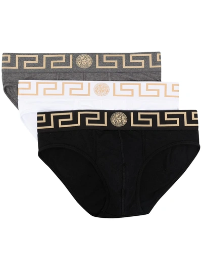 Versace Greca-print Cotton Briefs Set In Black-blue-white