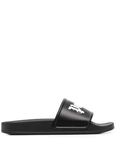 Palm Angels Logo-embossed Flat Slides In Nero
