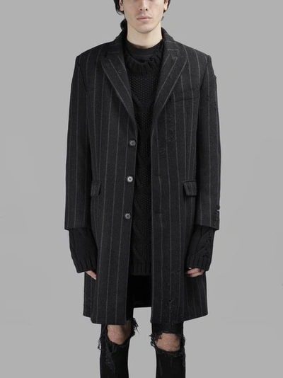Palm Angels Distressed Pinstriped Wool Coat In Grey
