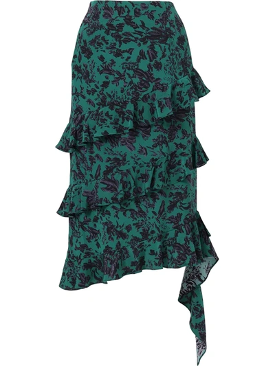 Jason Wu Asymmetric Ruffle Tiered Floral Midi Skirt In Green/black