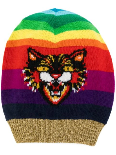 Gucci Wool Beanie Hat With Angry Cat Motif In Multicolor