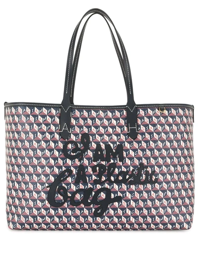 Anya Hindmarch I Am A Plastic Bag Small Appliquéd Leather-trimmed Printed Coated-canvas Tote In Blue
