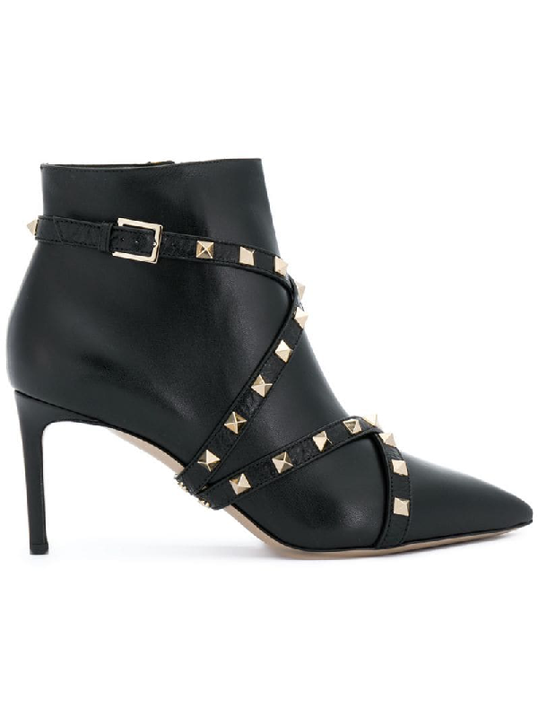 Valentino Rockstud Wrapped Leather Ankle Boot In Black | ModeSens