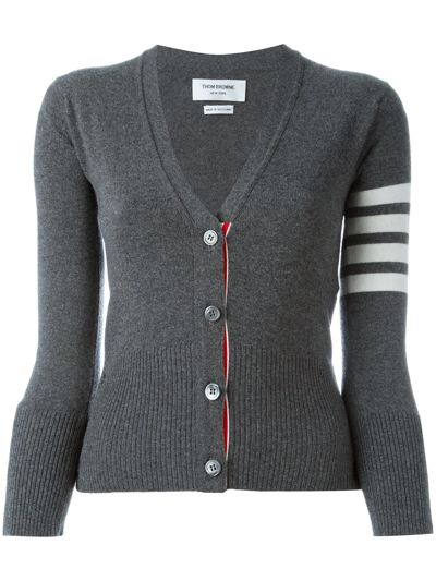 Thom Browne Classic V-neck Cardigan In Cashmere With White 4-bar Sleeve Stripe In Grey