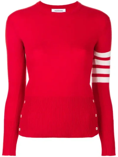 Thom Browne Classic Crew Neck Pullover Cashmere With 4-bar Sleeve Stripe In Red