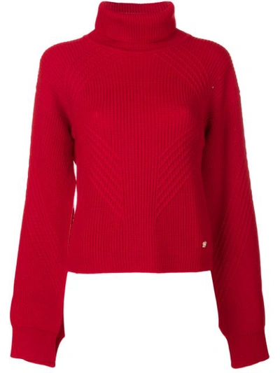 Versace Split-sleeve Ribbed Wool Turtleneck Sweater In Red