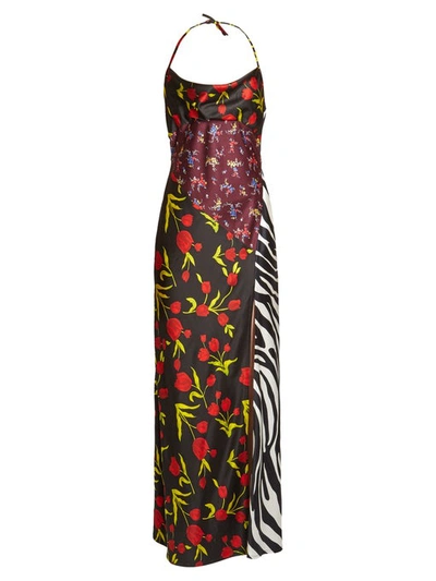 Attico Floral-print Halterneck Satin Dress In Multicolor