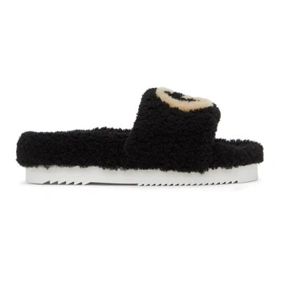 Gucci Eileen Logo Genuine Shearling Slide Sandal In Black,off-white