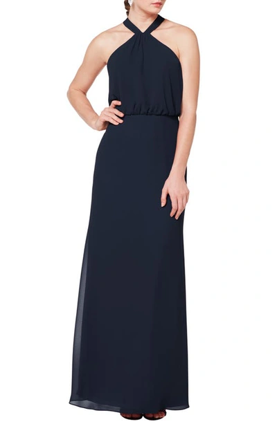 Levkoff Blouson Chiffon A-line Gown In Navy