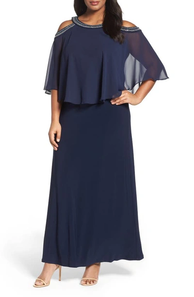 Alex Evenings Embellished Cold Shoulder Popover Gown In Navy