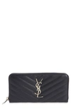 Saint Laurent 'monogram' Zip Around Quilted Calfskin Leather Wallet In Deep Marine