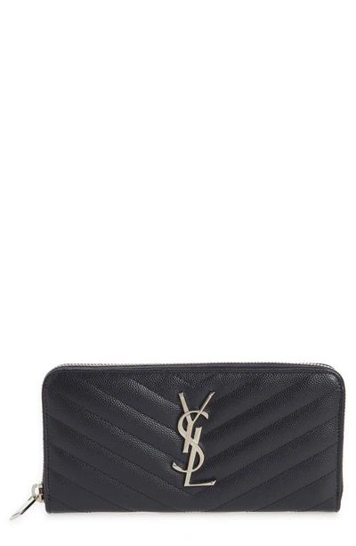 Saint Laurent 'monogram' Zip Around Quilted Calfskin Leather Wallet In Deep Marine