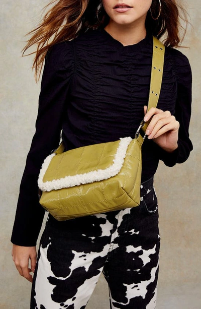 Topshop Borg Faux Leather & Fleece Shoulder Bag In Olive
