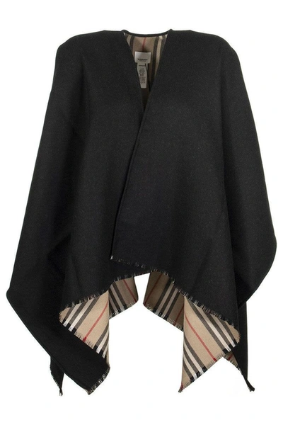 Burberry Icon Stripe Detail Wool Cape In Black