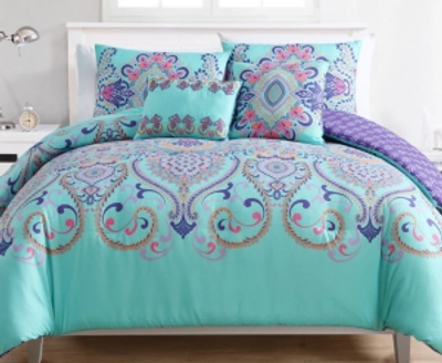 Vcny Home Amherst Reversible Damask 5 Piece Comforter Set, Full/queen Bedding In Aqua