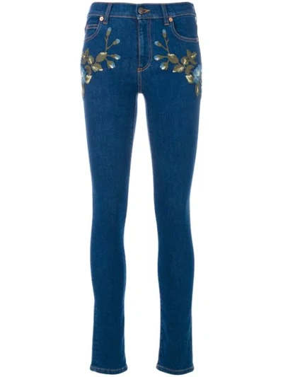 Gucci Floral-embroidered Stretch Denim Jeans, Blue Pattern