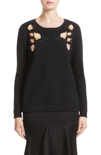 Jason Wu Floral Embroidered Merino Wool Blend Sweater In Black