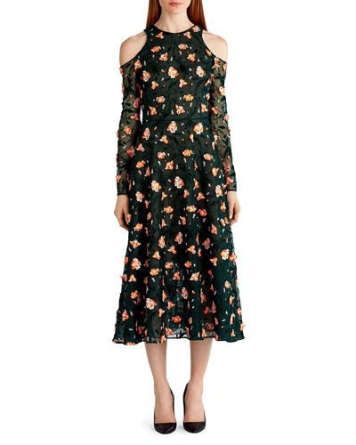 Jason Wu Floral-embroidered Cold-shoulder Dress, Black Pattern