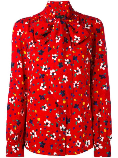 Marc Jacobs Red Silk Floral Tie Neck Shirt In Multicolor
