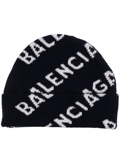 Balenciaga Logo-embroidered Beanie Hat In Navy & White