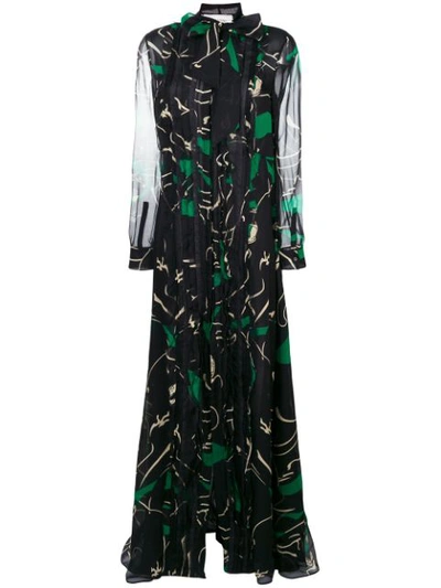 Valentino Panther Pussy-bow Lace-trimmed Printed Silk-chiffon Gown In Black