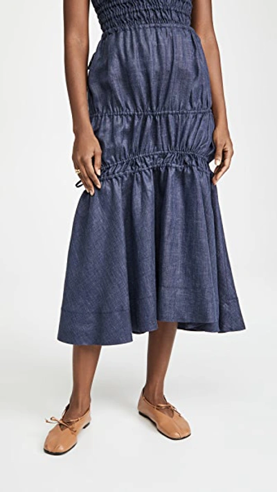 Brock Collection Women's Susanna Ruched Linen-blend Chambray Midi Skirt In Denim
