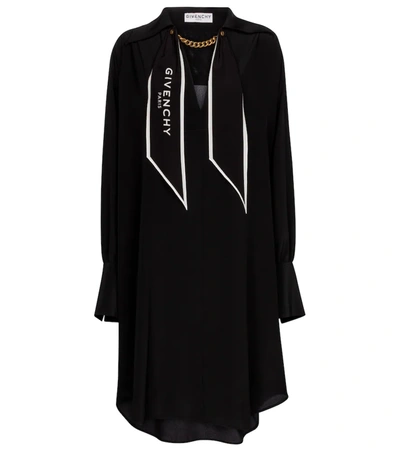 Givenchy Logo Scarf Neck Long Sleeve Silk Shirtdress In Black